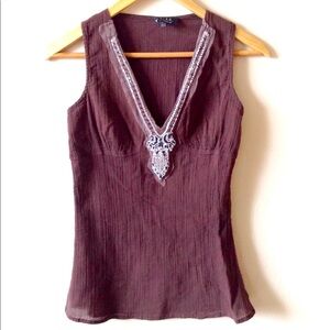 European Chocolate V Neck Embellished Top